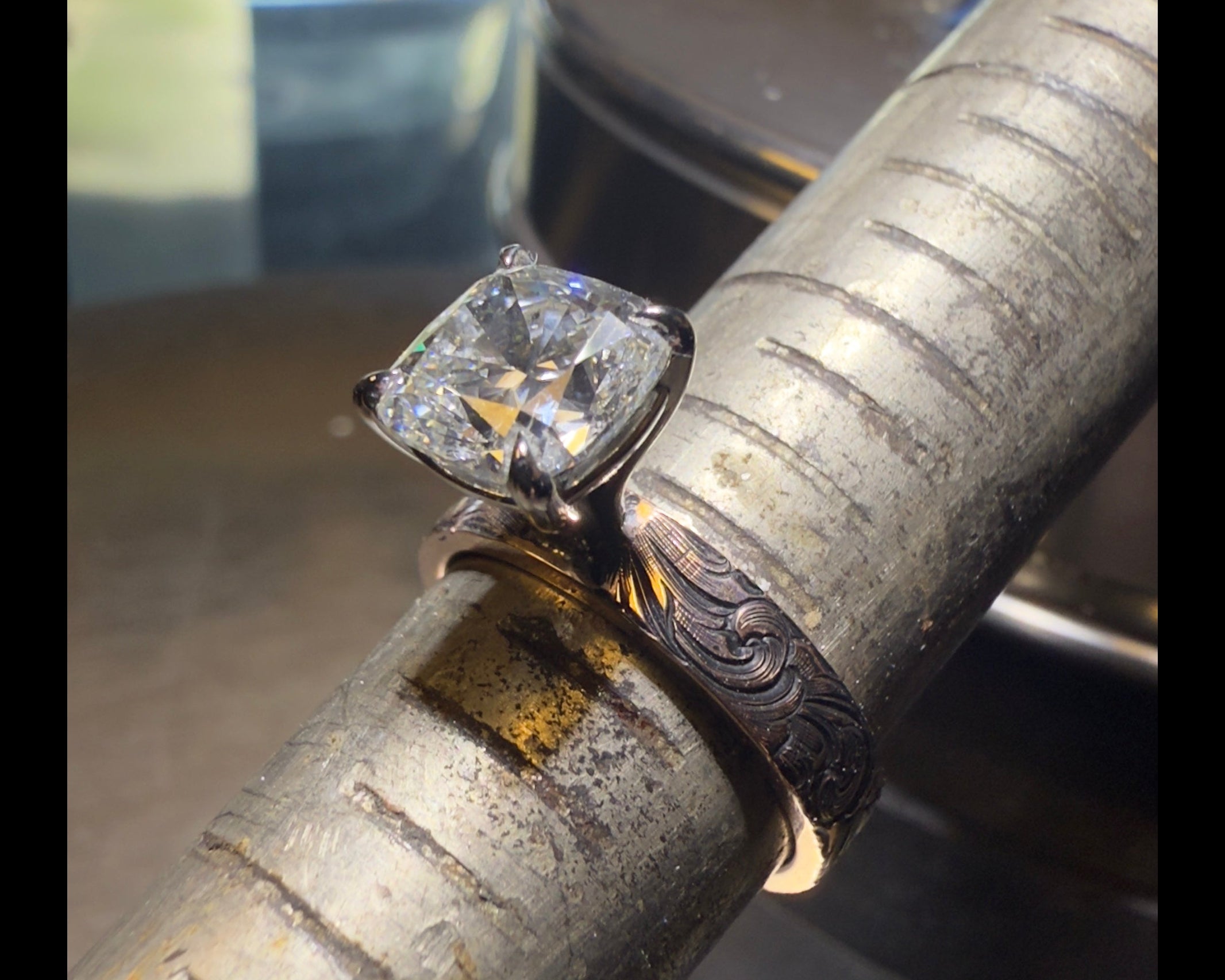 14k Gold Engagement Ring with 2.5 ct Cushion Cut Diamond