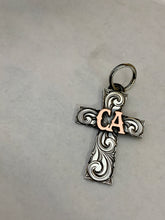 Load image into Gallery viewer, Sterling cross with Copper initials